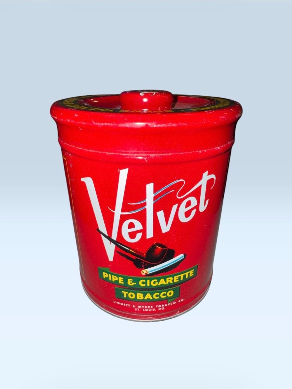 Vintage Velvet Pipe & Cigarette Tobacco Red Advertising Tin with Lid